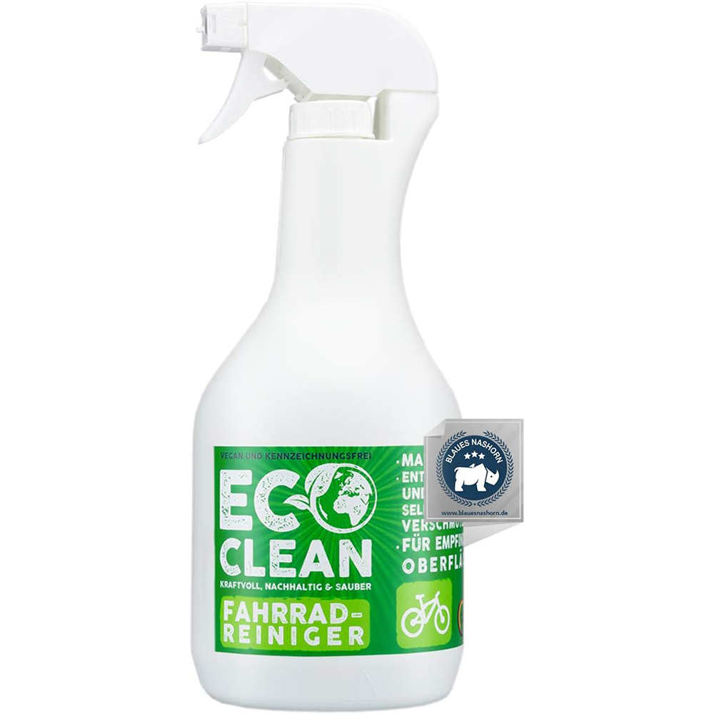 Eco Clean Fahrradreiniger 1 Liter in weißer Sprühflasche mit grünem Etikett und Blaues Nashorn Siegel als freigestelltes Produktbild.