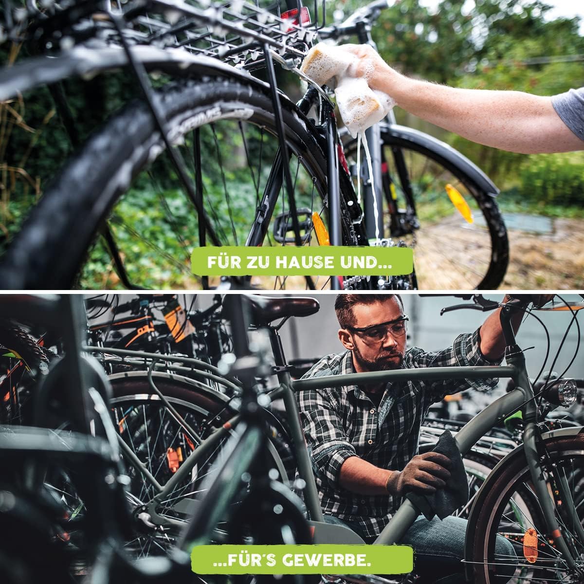 Reinigung eines Fahrrads mit Schwamm im Außenbereich sowie professionelle Fahrradpflege in einer Werkstatt als Einsatzbeispiel für Eco Clean Fahrradreiniger.