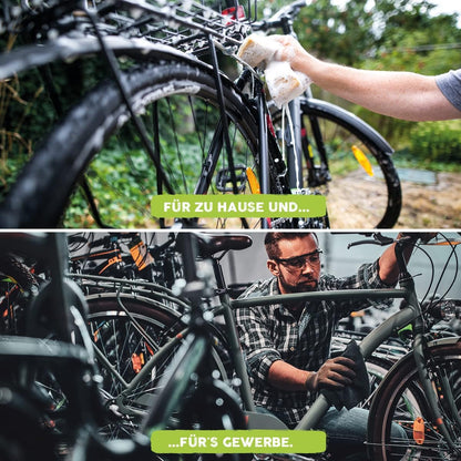 Reinigung eines Fahrrads mit Schwamm im Außenbereich sowie professionelle Fahrradpflege in einer Werkstatt als Einsatzbeispiel für Eco Clean Fahrradreiniger.