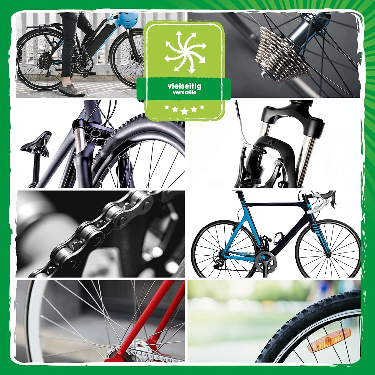 Collage verschiedener Fahrradkomponenten wie Kette, Kassette, Rahmen und Reifen zur Darstellung der vielseitigen Anwendung des Eco Clean Fahrradreinigers.