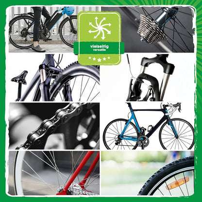 Collage verschiedener Fahrradkomponenten wie Kette, Kassette, Rahmen und Reifen zur Darstellung der vielseitigen Anwendung des Eco Clean Fahrradreinigers.