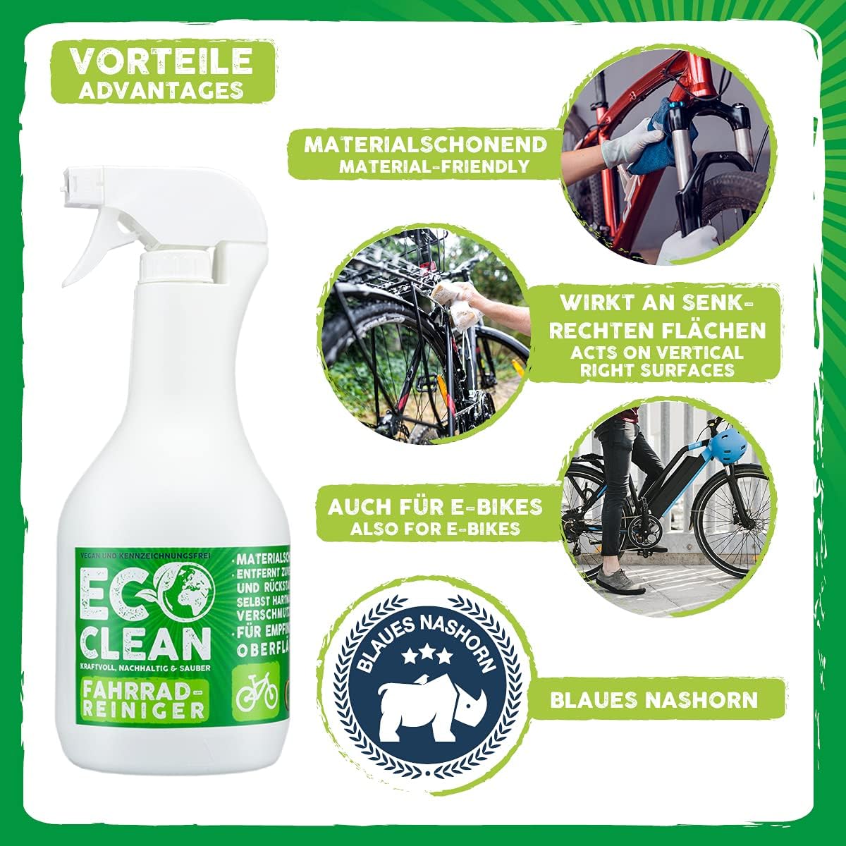 Eco Clean Fahrradreiniger mit Vorteilsübersicht zu materialschonender Reinigung, Anwendung auf senkrechten Flächen, E-Bike Eignung und Blaues Nashorn Auszeichnung.