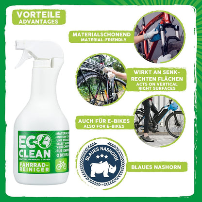 Eco Clean Fahrradreiniger mit Vorteilsübersicht zu materialschonender Reinigung, Anwendung auf senkrechten Flächen, E-Bike Eignung und Blaues Nashorn Auszeichnung.