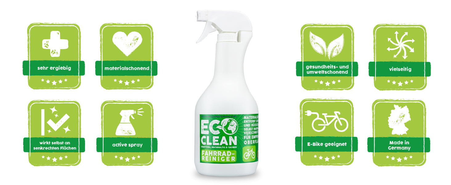 Produktabbildung mit Vorteils-Icons wie sehr ergiebig, materialschonend, gesundheits- und umweltschonend, vielseitig, wirksam auf senkrechten Flächen, Active Spray, E-Bike geeignet und Made in Germany.