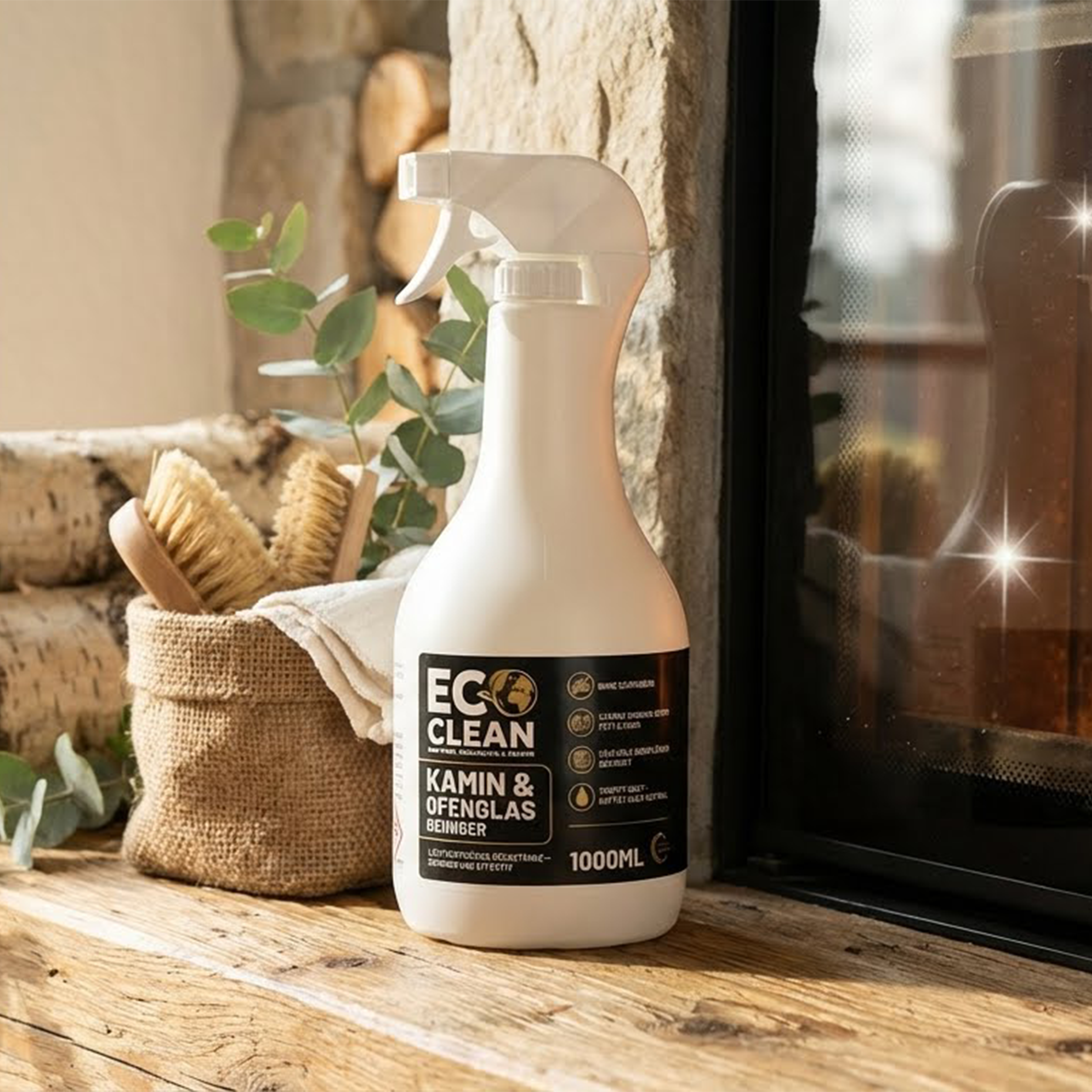 ECO CLEAN Kamin & Ofenglasreiniger 1000 ml Sprühflasche neben einem Kaminofen mit Glasfront, Holzscheiten und Reinigungsbürsten im Hintergrund.