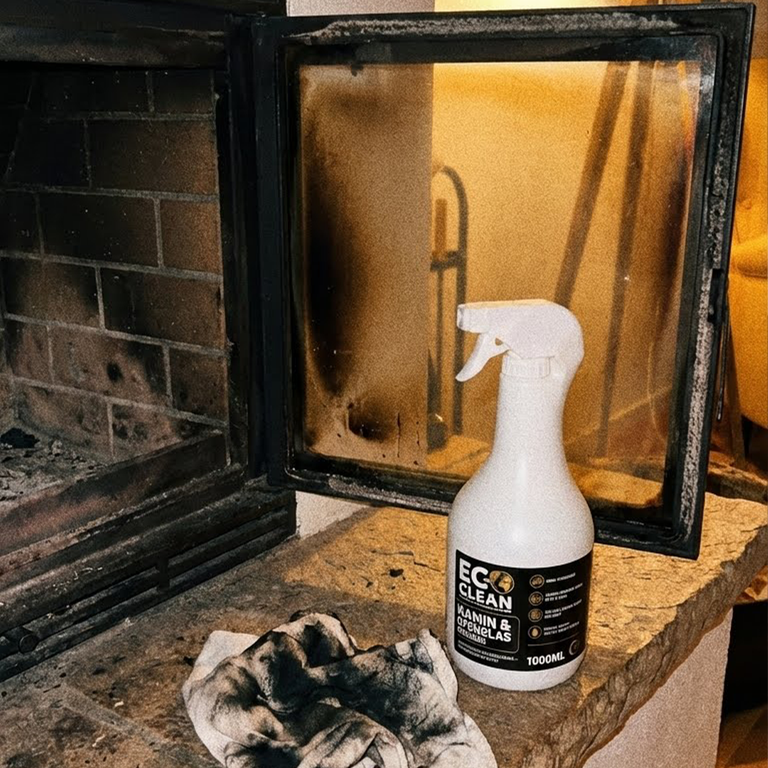 Eco Clean Kaminscheibenreiniger neben Kaminofen während der Reinigung von Ofenglas