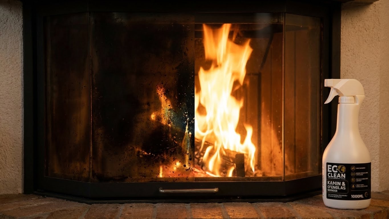 Vorher-Nachher-Vergleich einer Kaminscheibe – starke Verrußung und klare Sicht nach Reinigung mit Eco Clean