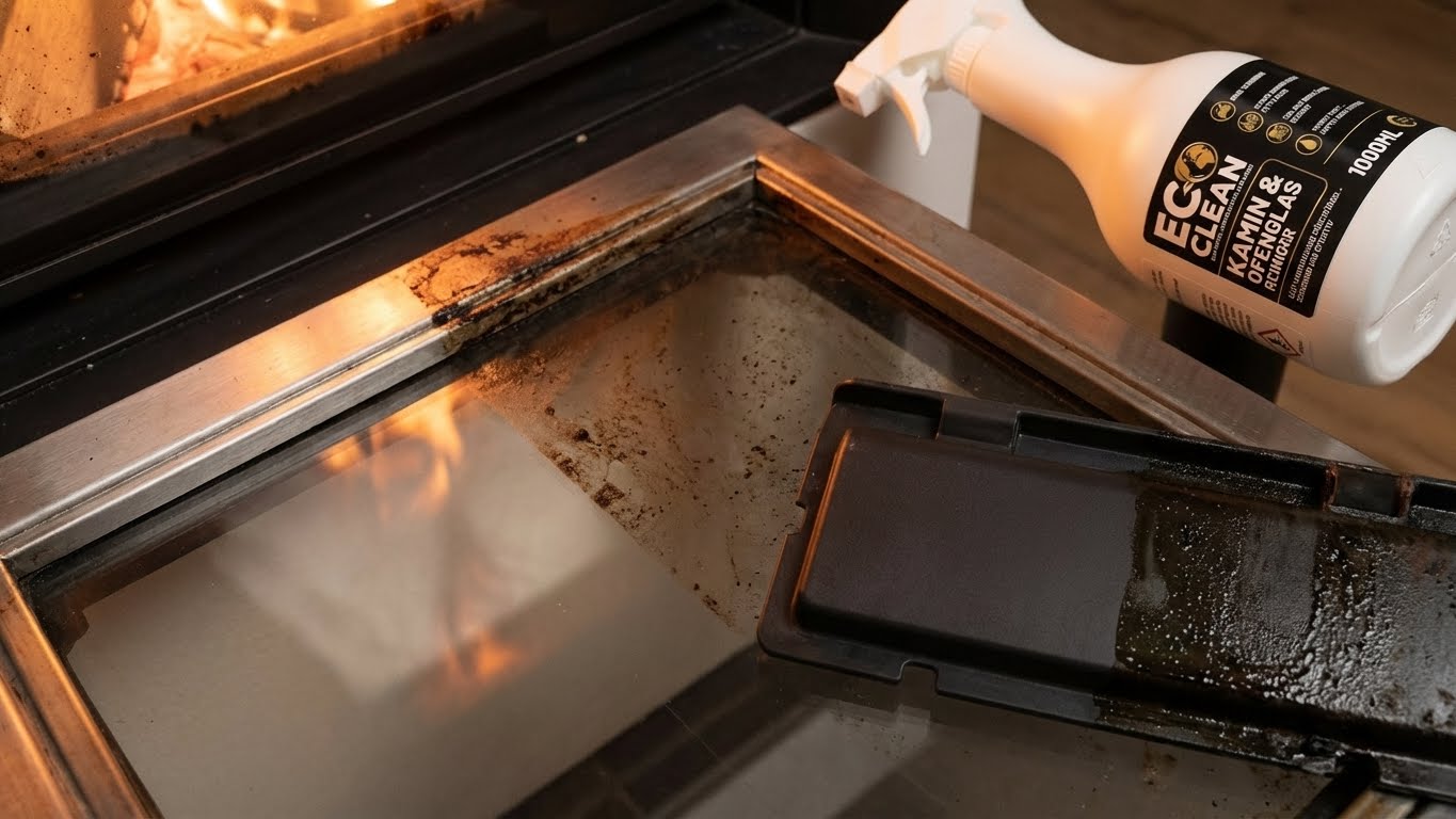 Reinigung von Kaminrahmen und Glaskanten mit Eco Clean Kaminscheibenreiniger bei hartnäckigem Ruß