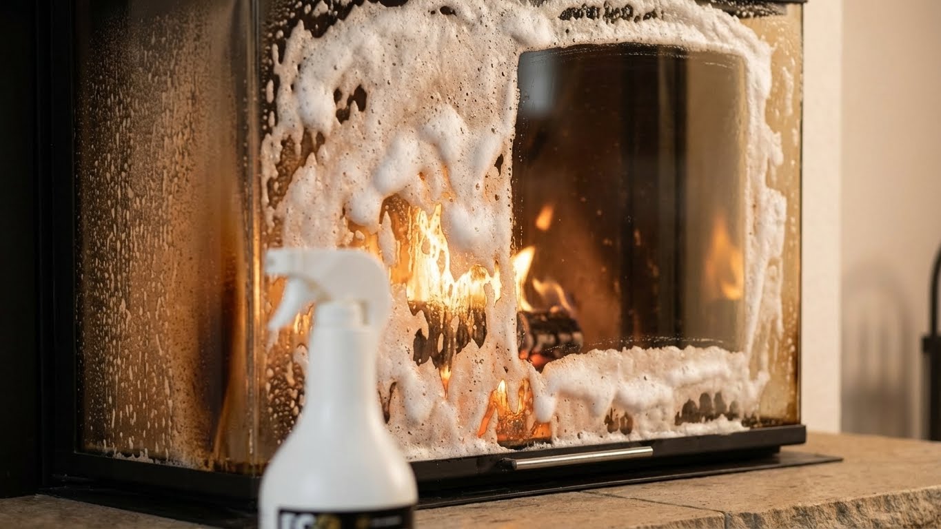 Haftender Reinigungsschaum des Eco Clean Kaminscheibenreinigers auf stark verrußter Kaminglasscheibe