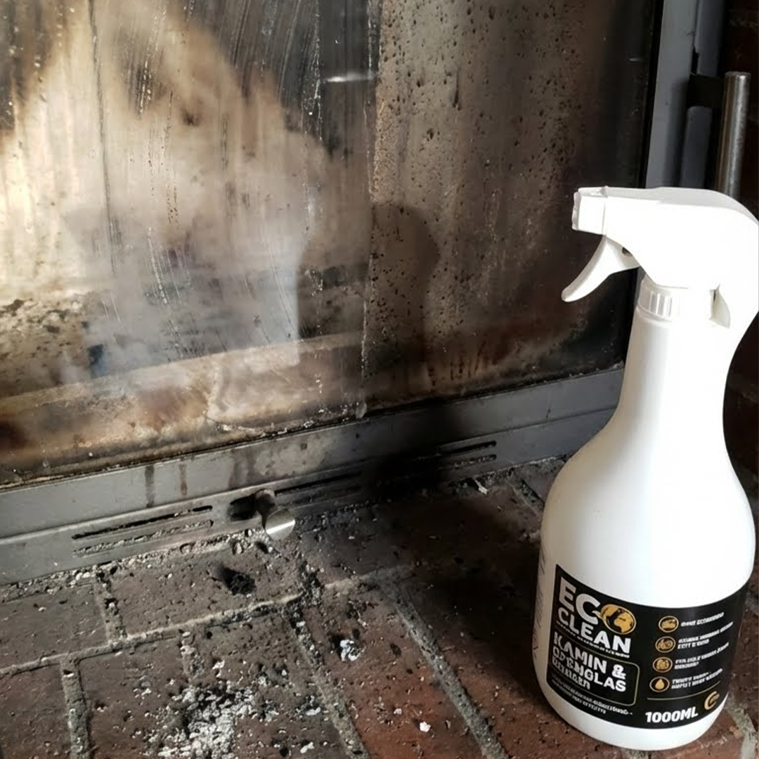 Abwischen der Kaminscheibe mit Tuch nach Einwirkzeit des Eco Clean Kaminscheibenreinigers