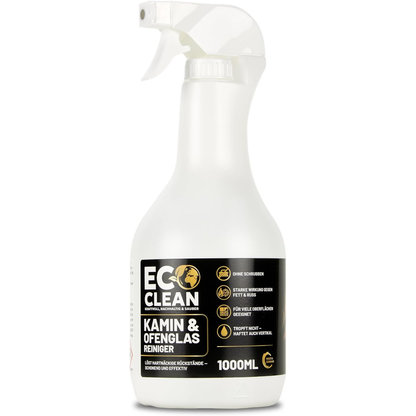 Eco Clean Kaminscheibenreiniger 1 Liter mit Sprühkopf in weißer Flasche zur Reinigung von Kaminglas und Ofenscheiben