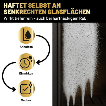 Haftender Reinigungsschaum auf senkrechter Kaminscheibe – Eco Clean Kaminscheibenreiniger wirkt auch bei starkem Ruß