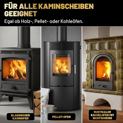 Anwendung des Eco Clean Kaminscheibenreinigers bei Kaminofen, Pelletofen und Kachelofen mit Sichtscheibe