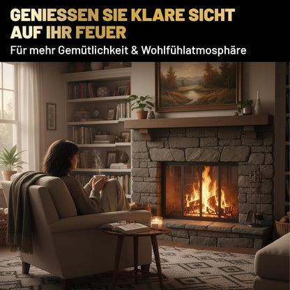Klare Sicht auf brennendes Kaminfeuer im Wohnzimmer nach Reinigung der Kaminscheibe mit Eco Clean