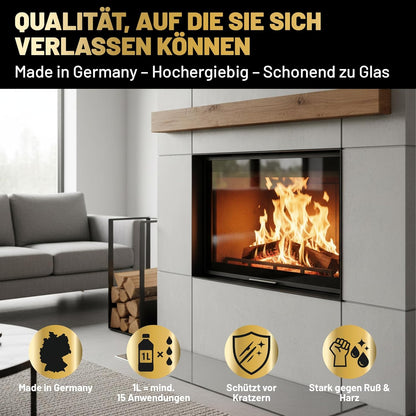 Moderne Wohnraumszene mit Kamin – Eco Clean Kaminscheibenreiniger Made in Germany für schonende Glasreinigung