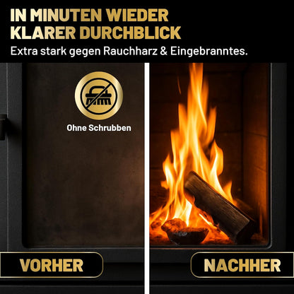 Vergleich verschmutzte und gereinigte Kaminscheibe – links verrußt, rechts klare Sicht nach Anwendung des Eco Clean Kaminglasreinigers
