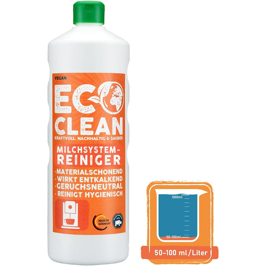 Eco Clean Milchsystemreiniger 1 Liter in weisser Flasche mit gruenem Deckel und orangem Etikett sowie Dosierhinweis 50–100 ml pro Liter.