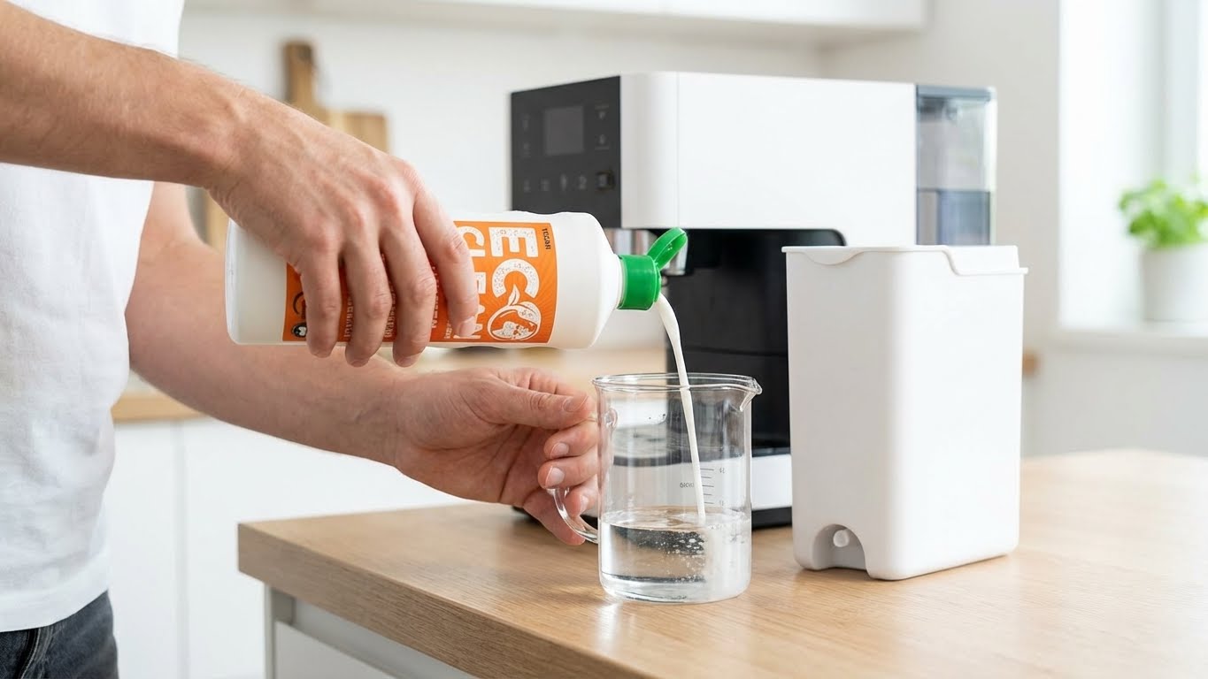 Anmischen der Reinigungslösung mit 50–100 ml Eco Clean Milchsystemreiniger pro Liter Wasser in einem Messbecher.