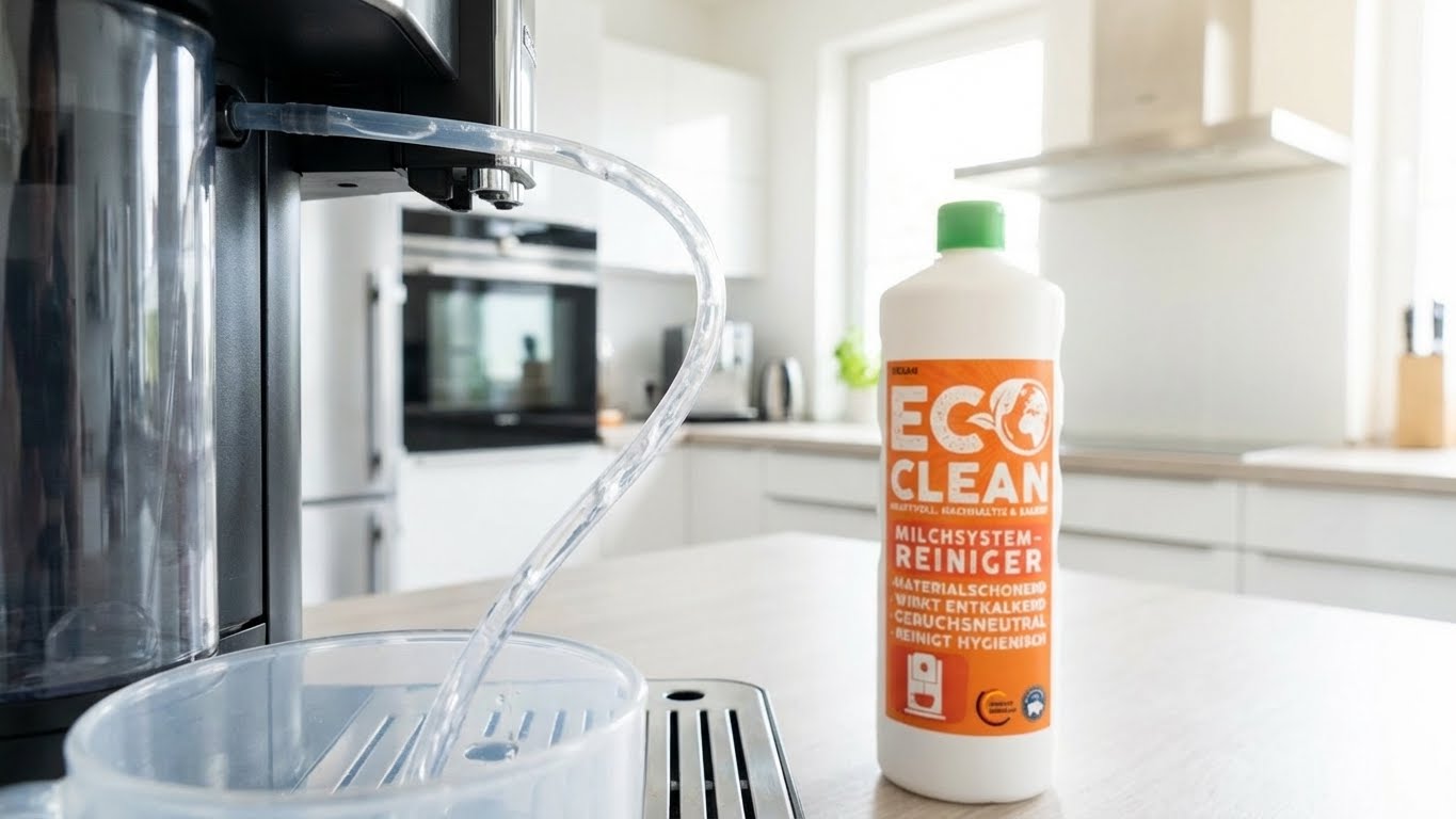 Eco Clean Milchsystemreiniger neben Kaffeevollautomat in moderner Kueche zur regelmaessigen Pflege des Milchsystems.