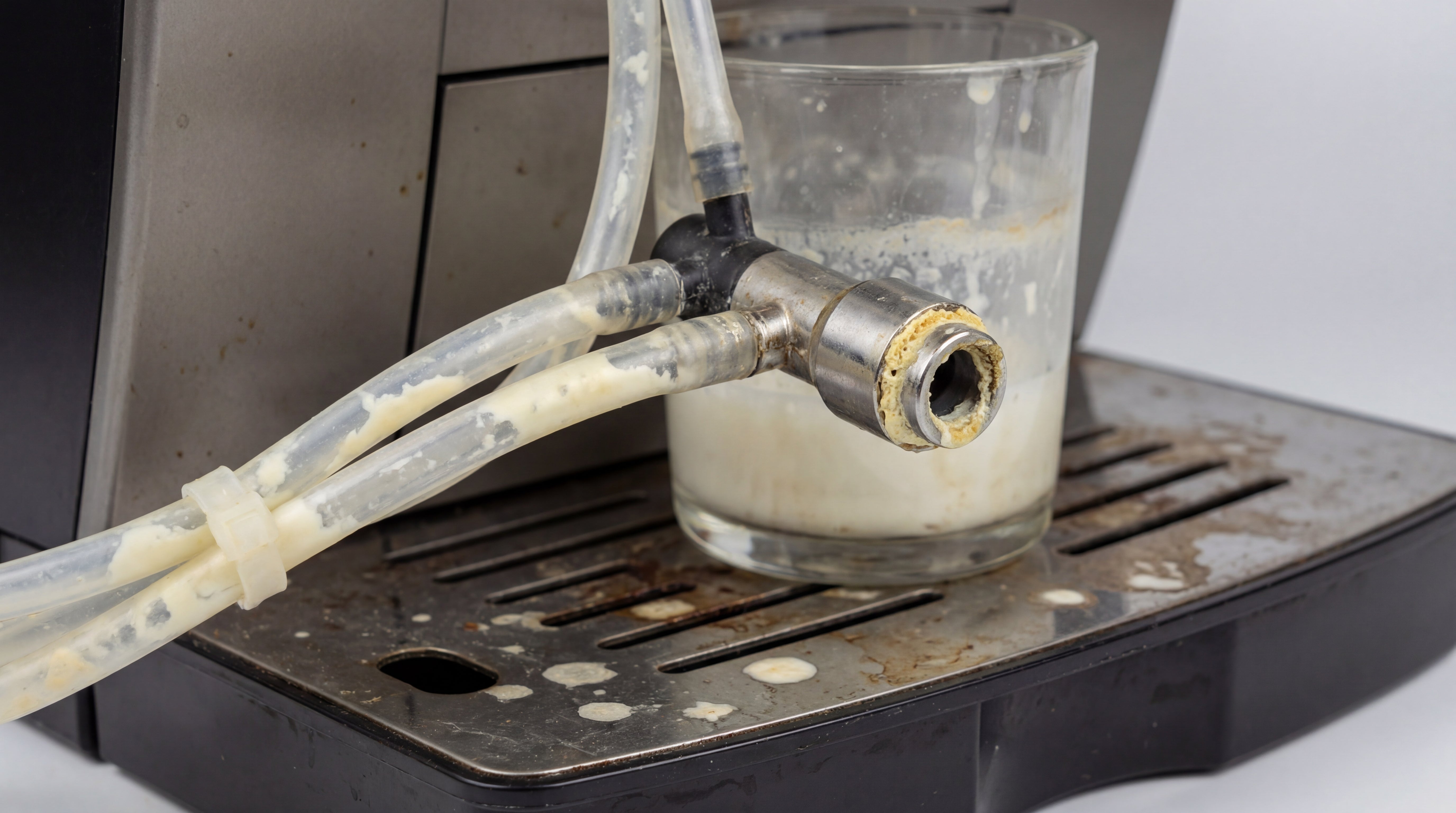 Stark verschmutzte Milchduese mit Milchresten und Ablagerungen vor der Reinigung mit Eco Clean Milchsystemreiniger.