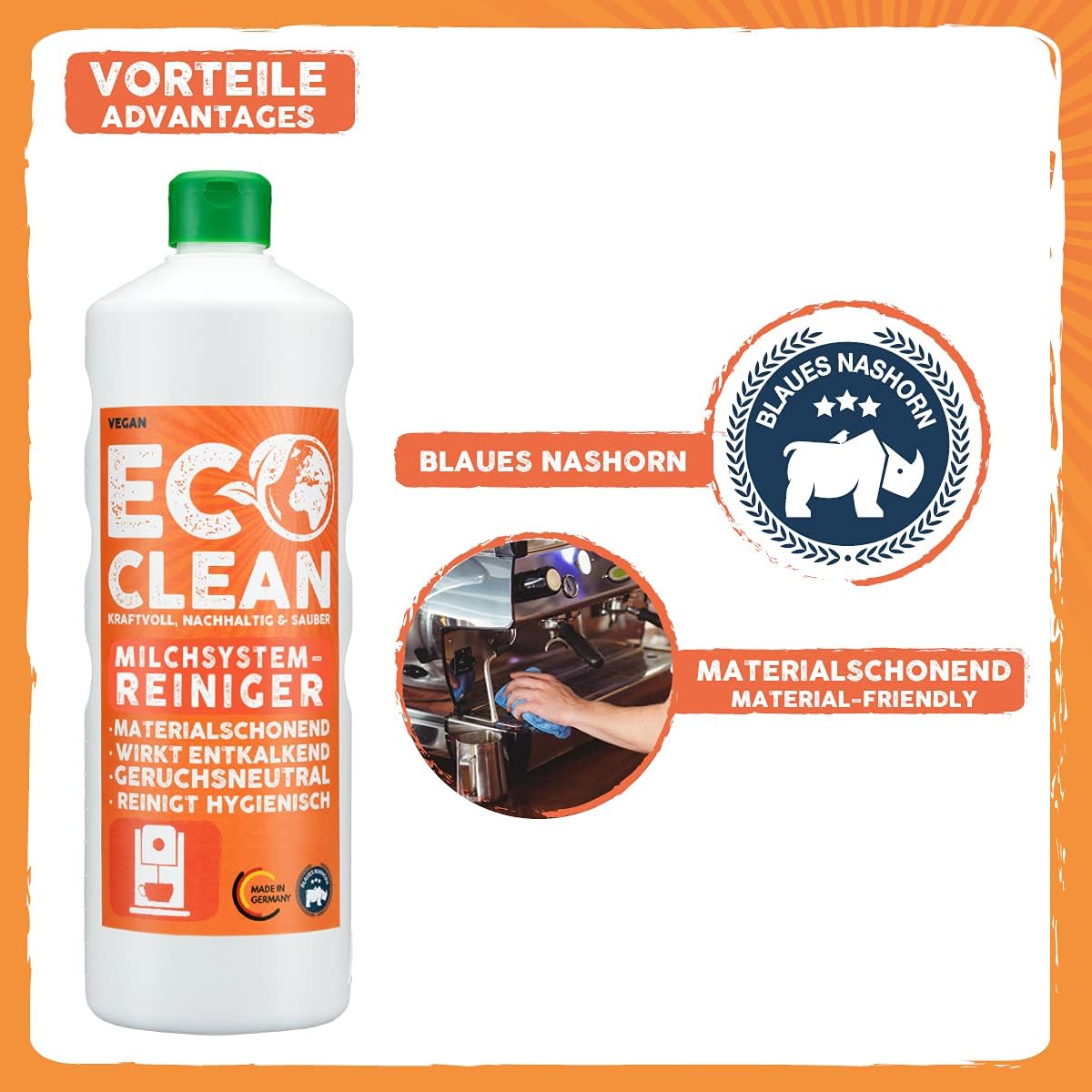 Infografik mit Eco Clean Milchsystemreiniger und Hinweisen zu materialschonender Reinigung sowie Blaues Nashorn Siegel.