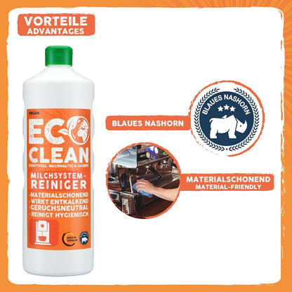 Infografik mit Eco Clean Milchsystemreiniger und Hinweisen zu materialschonender Reinigung sowie Blaues Nashorn Siegel.
