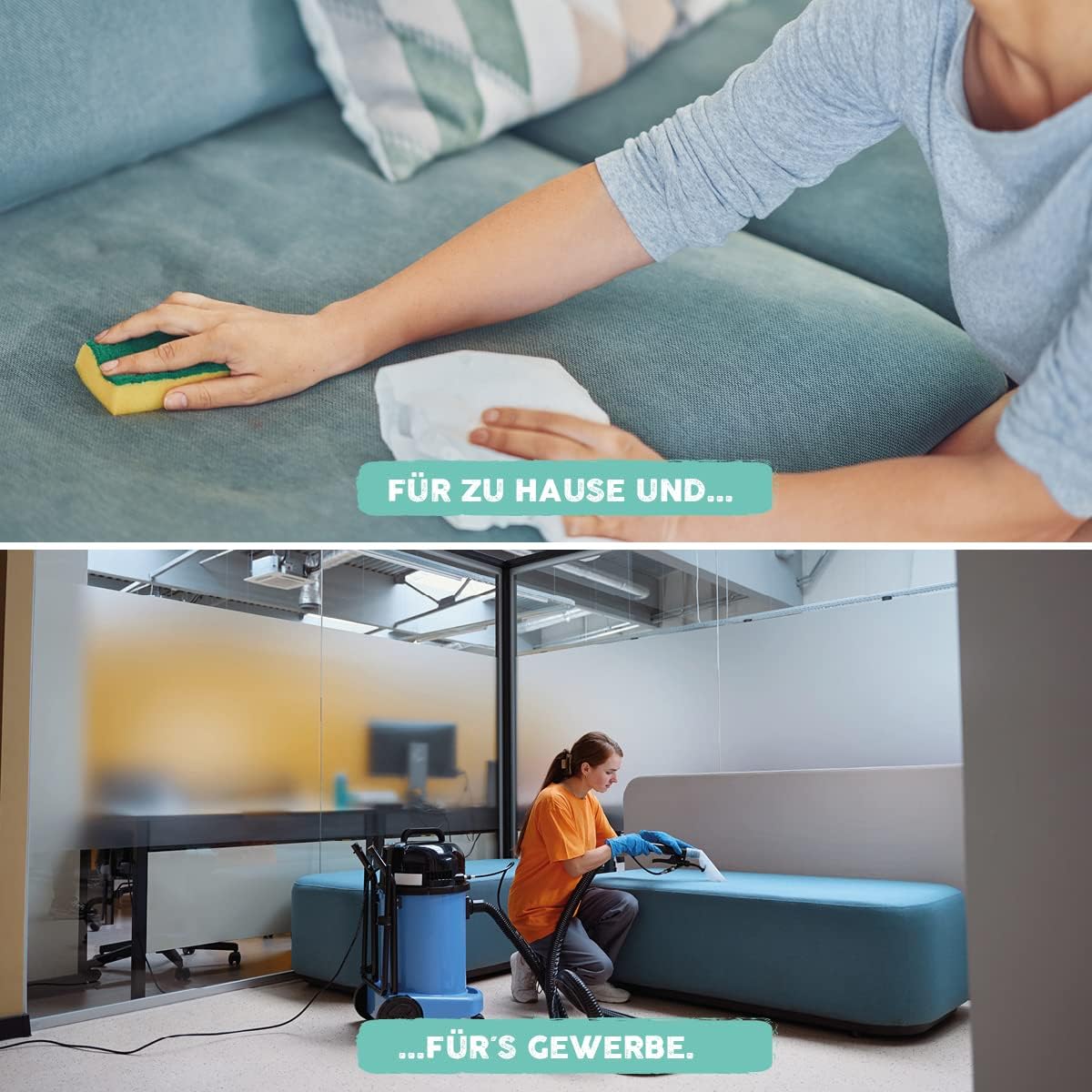Anwendung des Eco Clean Polsterreinigers 1 Liter auf einem Sofa im Haushalt und mit Reinigungsmaschine im gewerblichen Bereich.