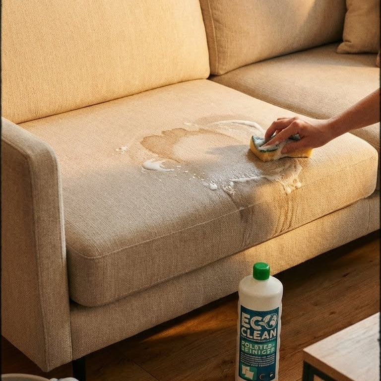 Anwendung des Eco Clean Polsterreinigers 1 Liter bei der Reinigung eines Sofas mit Schwamm.