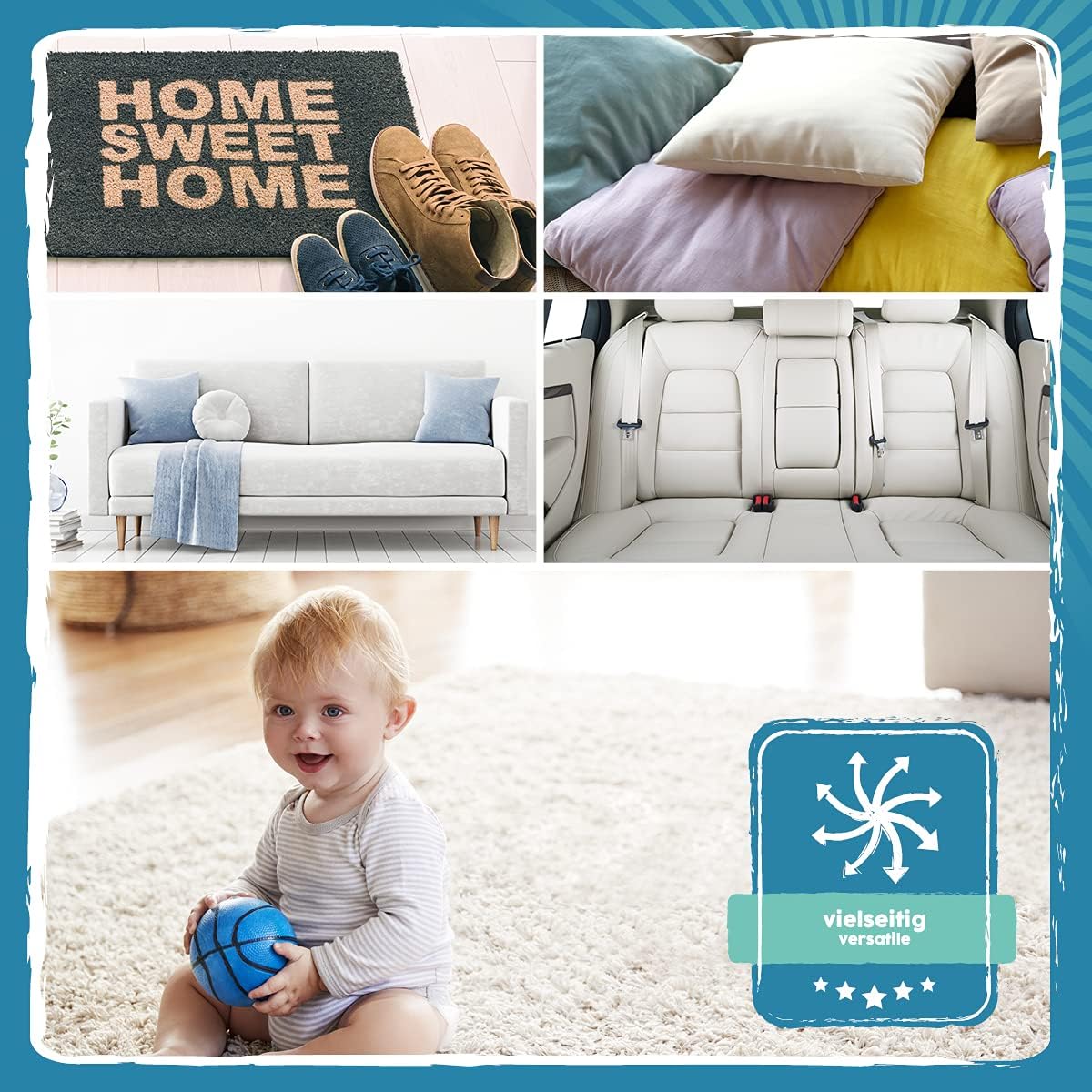 Vielseitige Einsatzbereiche des Eco Clean Polsterreinigers 1 Liter für Sofa, Autositze, Teppiche, Kissen und Wohnbereiche.