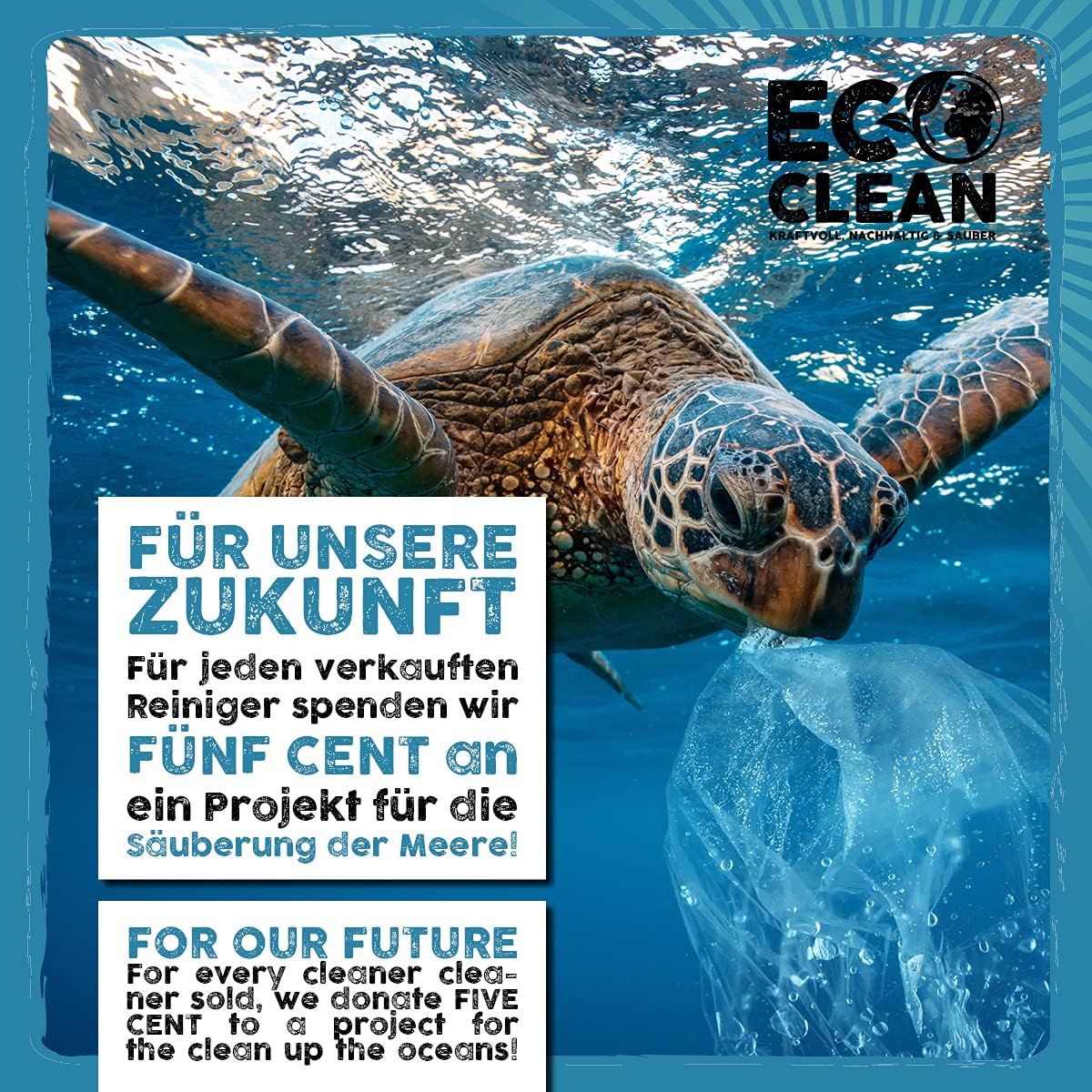 Nachhaltigkeitsmotiv zum Eco Clean Polsterreiniger 1 Liter mit Meeresschildkroete und Hinweis auf Spende zur Reinigung der Ozeane.