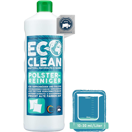 Eco Clean Polsterreiniger 1 Liter Flasche mit Dosierhinweis 10–30 ml pro Liter auf weißem Hintergrund.