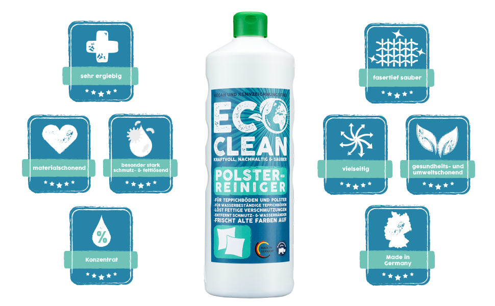 Eco Clean Polsterreiniger 1 Liter Flasche mit grafischer Übersicht der Vorteile wie ergiebig, materialschonend, fasertief sauber und Made in Germany.