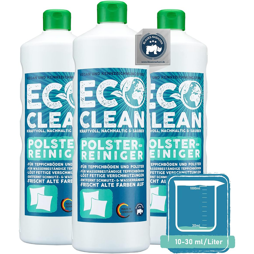 Drei Flaschen Eco Clean Polsterreiniger 1 Liter als Set mit Dosierangabe 10–30 ml pro Liter.