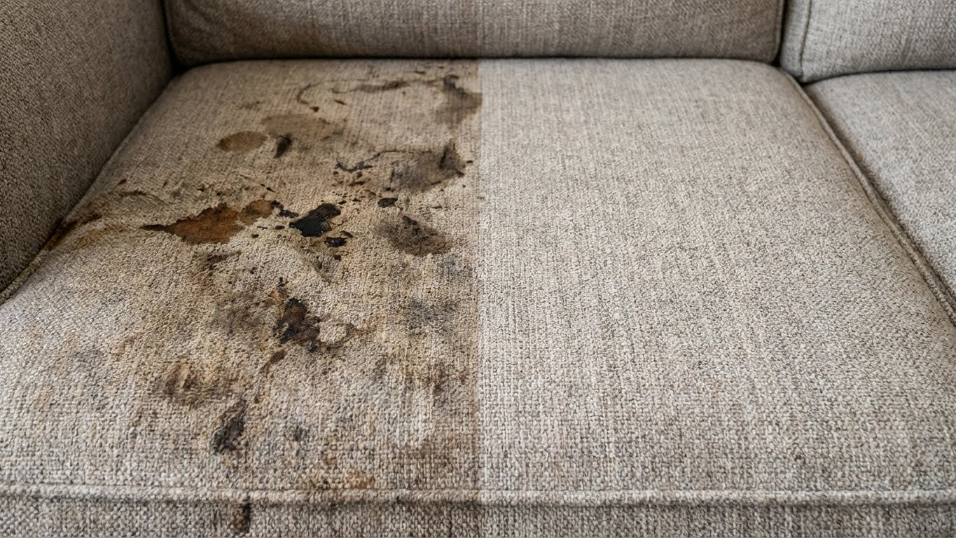 Stark verschmutzte Sitzfläche eines Sofas als Beispiel für den Einsatz des Eco Clean Polsterreinigers 1 Liter.