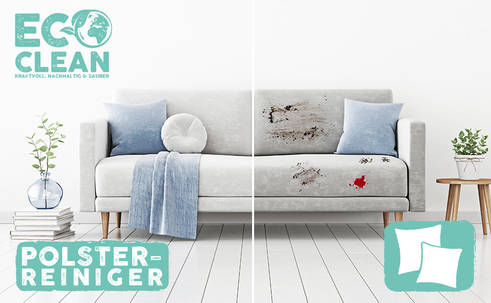 Vorher-Nachher-Darstellung eines Sofas mit und ohne Flecken zur Veranschaulichung der Wirkung des Eco Clean Polsterreinigers 1 Liter.