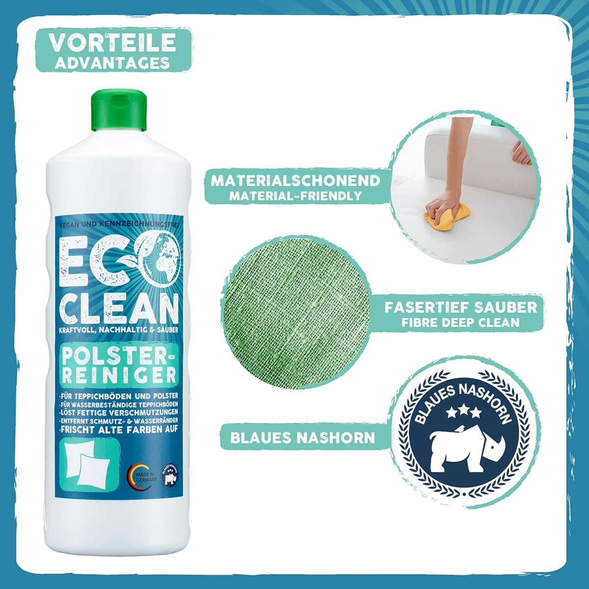Eco Clean Polsterreiniger 1 Liter mit Darstellung der Vorteile materialschonend und fasertief sauber sowie Markenlogo Blaues Nashorn.