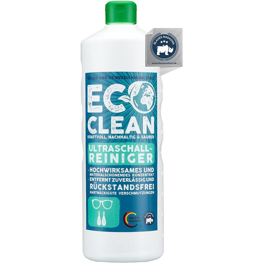 Eco Clean Ultraschallreiniger 1 Liter in weisser Flasche mit gruenem Deckel und blauem Etikett.