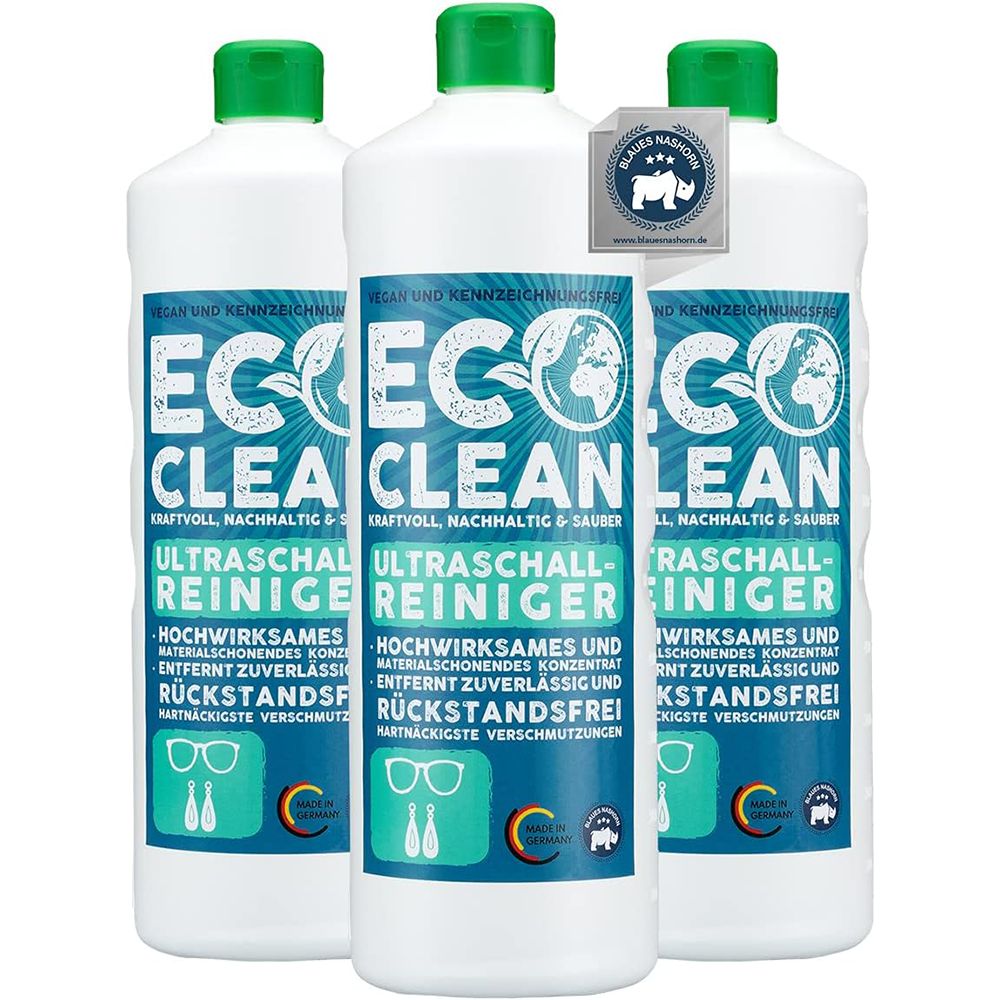 Drei Flaschen Eco Clean Ultraschallreiniger 1 Liter als Set mit gruenen Verschluessen.