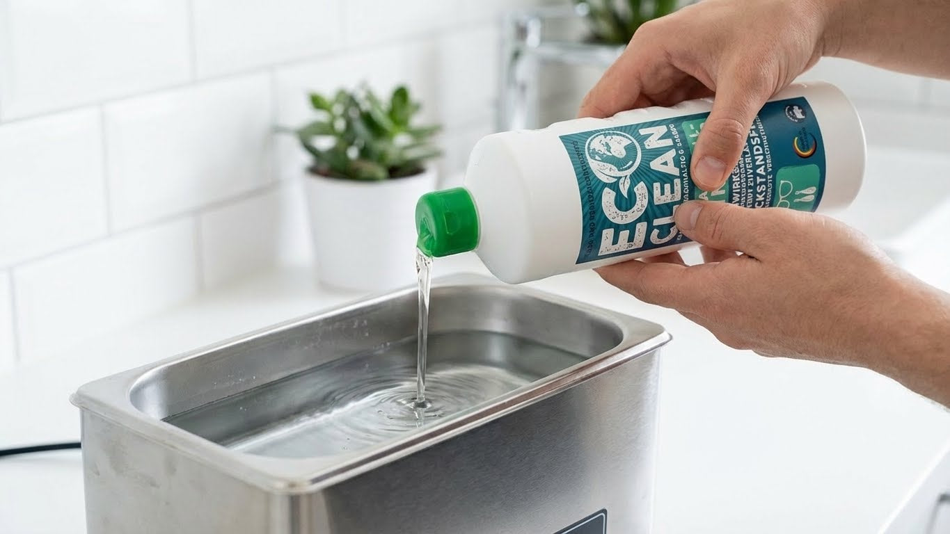Eco Clean Ultraschallreiniger wird in ein Ultraschallgeraet mit Wasser eingefuellt.