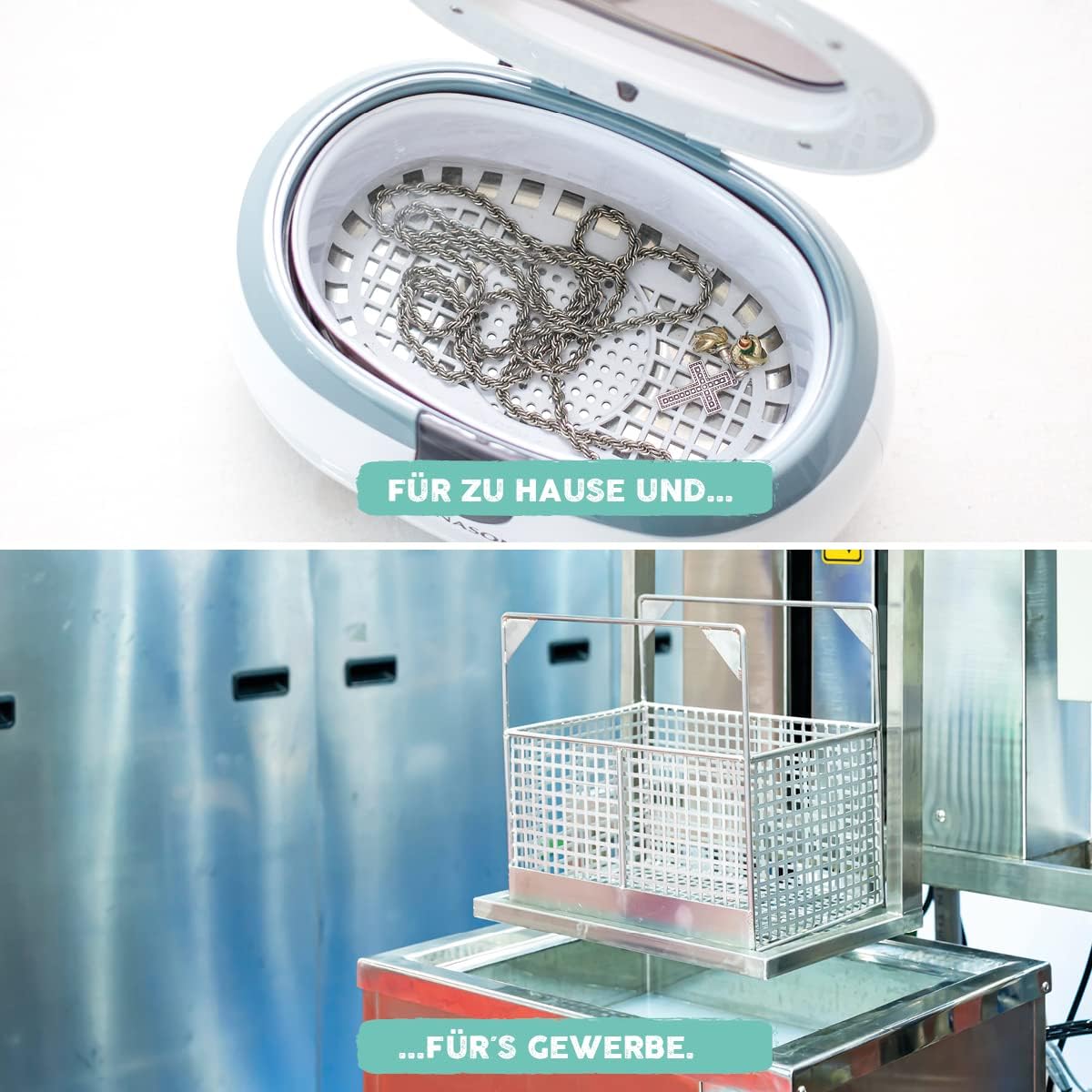 Ultraschallreinigungsgeraet mit eingelegter Halskette und Schmuck fuer die Anwendung mit Eco Clean Ultraschallreiniger.