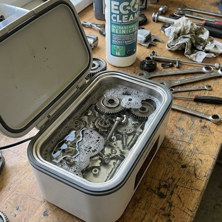 Ultraschallgeraet mit Zahnrädern und Schrauben im Reinigungsbad in einer Werkstatt mit Eco Clean Ultraschallreiniger.