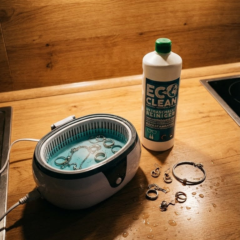 Ultraschallreinigungsgeraet mit Schmuck auf Holzarbeitsplatte neben einer Flasche Eco Clean Ultraschallreiniger.