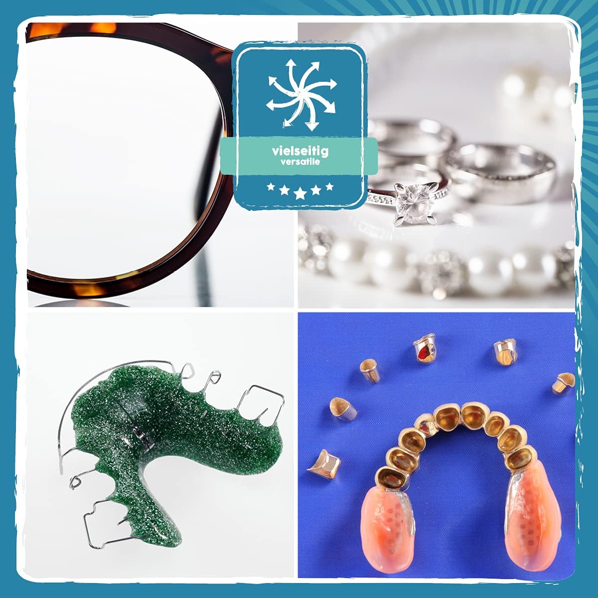 Collage mit Brille, Ringen, Zahnspange und Zahnersatz als Anwendungsbeispiele fuer Eco Clean Ultraschallreiniger.