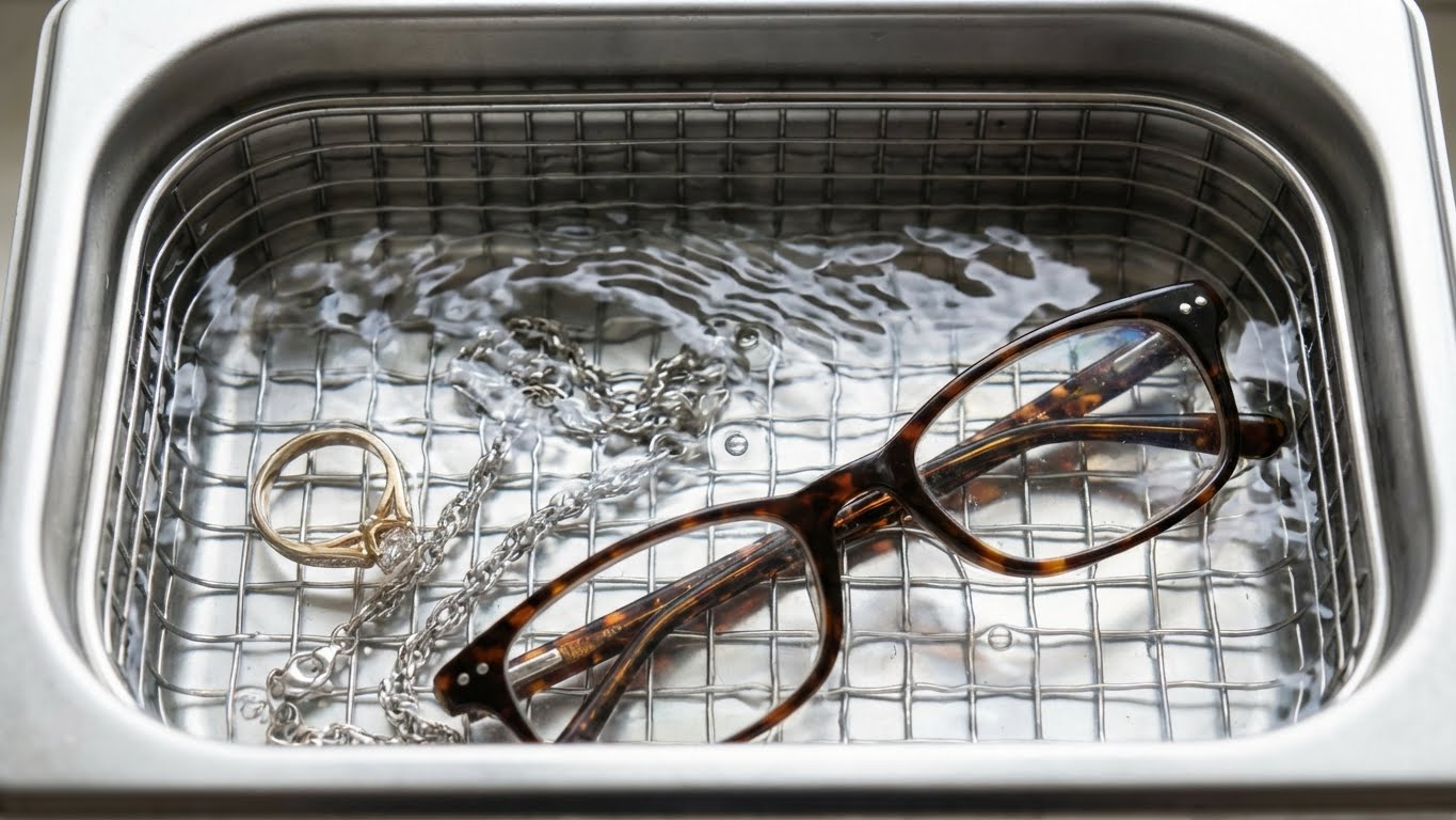 Brille, Ring und Kette im Ultraschallreinigungsbad gefuellt mit Loesung von Eco Clean Ultraschallreiniger.