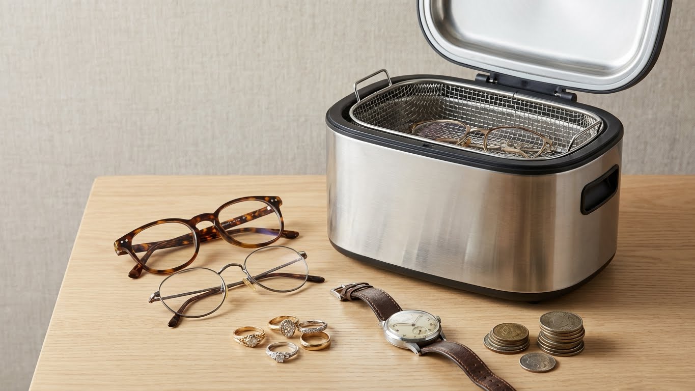 Ultraschallreinigungsgeraet auf Tisch mit Brillen, Ringen, Uhr und Muenzen als Einsatzbeispiel fuer Eco Clean Ultraschallreiniger.