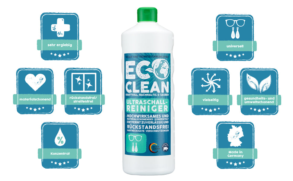 Eco Clean Ultraschallreiniger 1 Liter Flasche umgeben von Icons zu Eigenschaften wie ergiebig, materialschonend und Made in Germany.