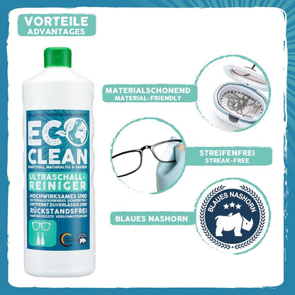 Infografik mit Vorteilen wie materialschonend und streifenfrei zum Eco Clean Ultraschallreiniger.