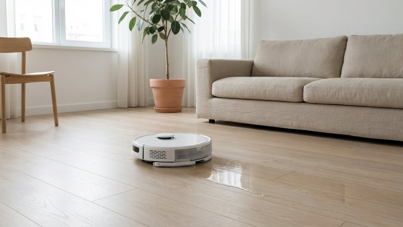Sauberer, streifenfreier Holzboden im Wohnzimmer nach der Reinigung mit Eco Clean Wischroboter Reinigungskonzentrat.