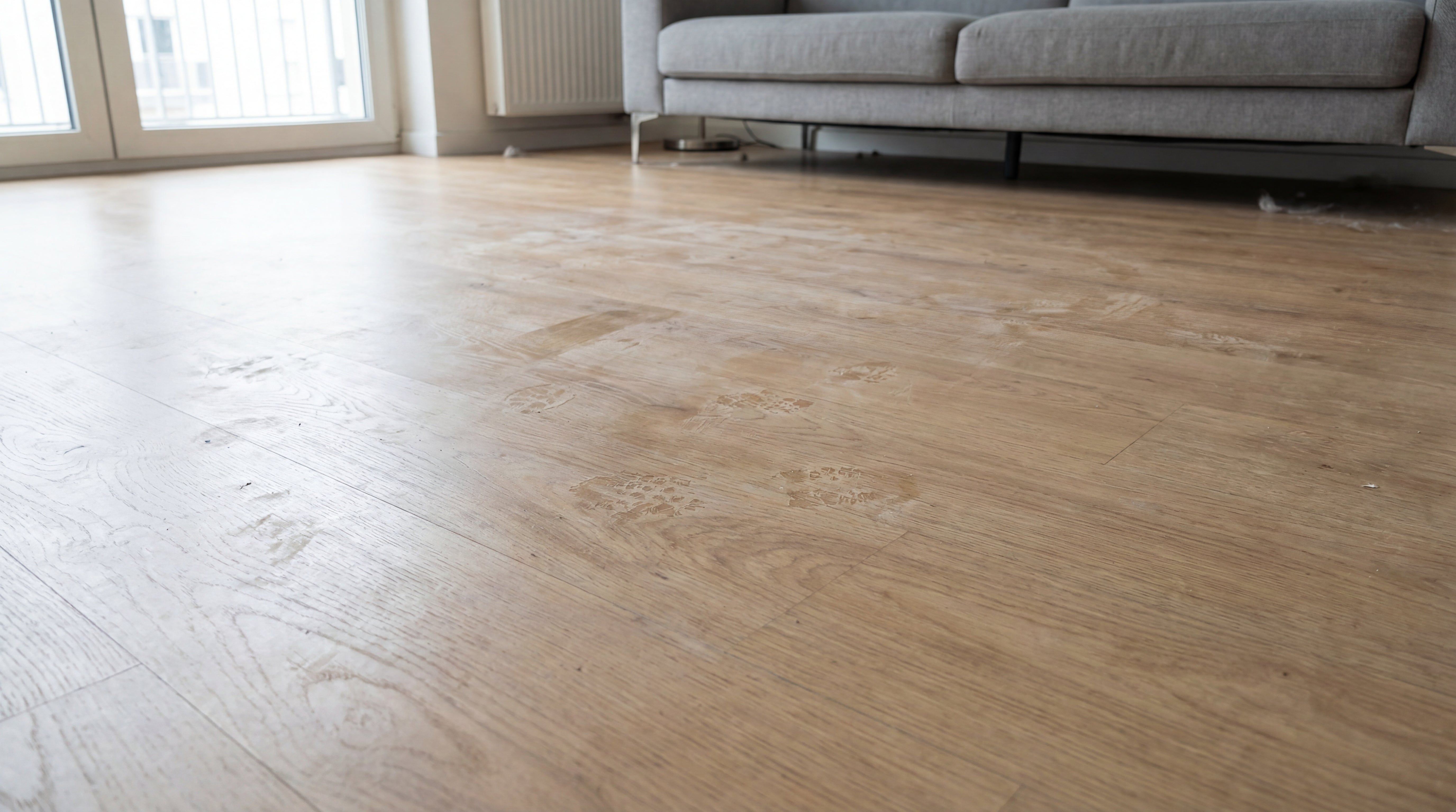 Holzboden mit sichtbaren Flecken und Verschmutzungen im Wohnraum vor der Anwendung des Eco Clean Wischroboter Reinigungskonzentrats.