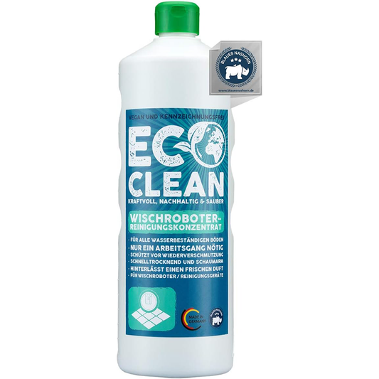 Frontansicht der Eco Clean Wischroboter Reinigungsmittel 1 Liter Flasche mit grünem Deckel und Produktlabel.